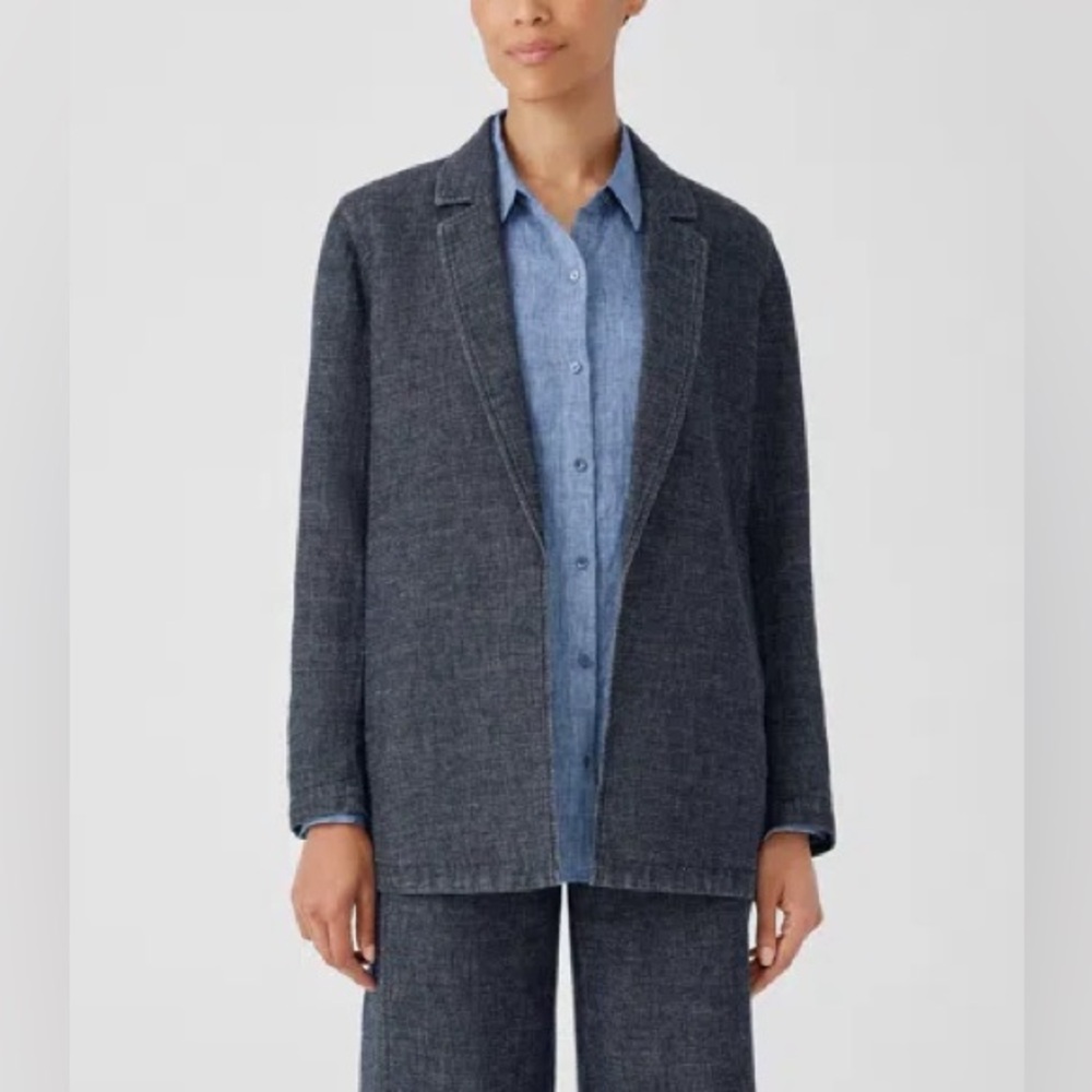 Eileen Fisher Tweedy Hemp Cotton Long Blazer Small Petite Easy Fit Open Front